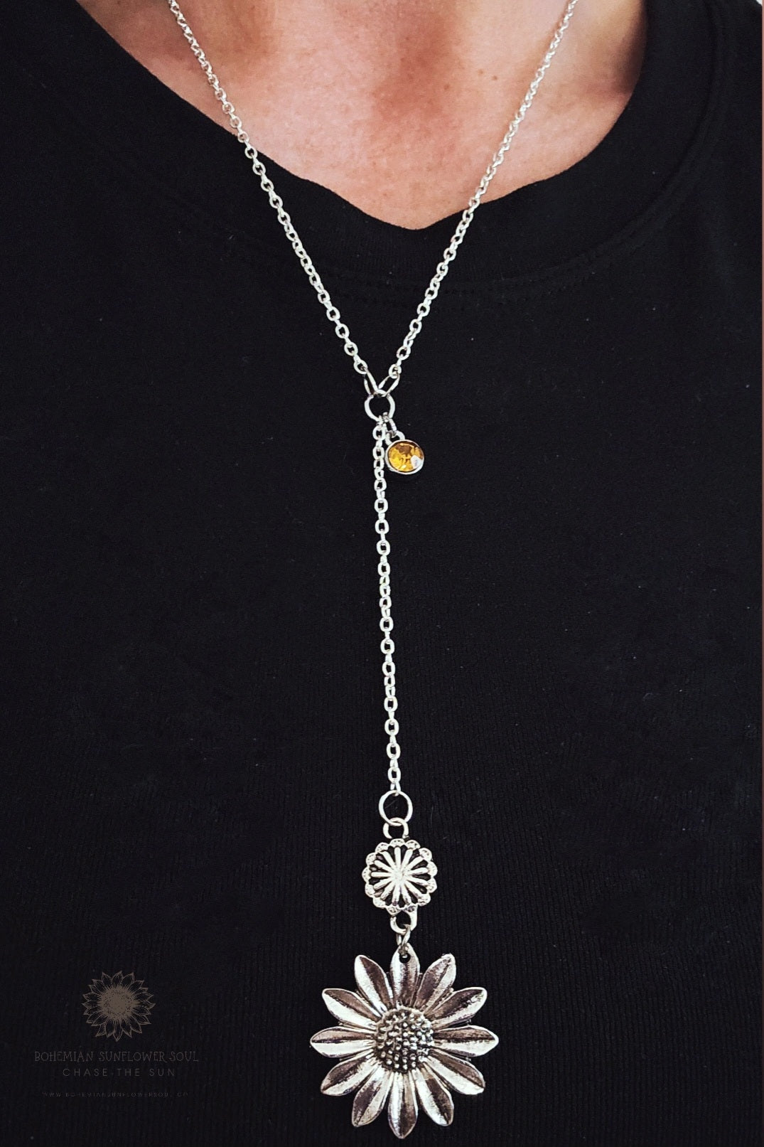 Silver Sunflower "Y" Necklace