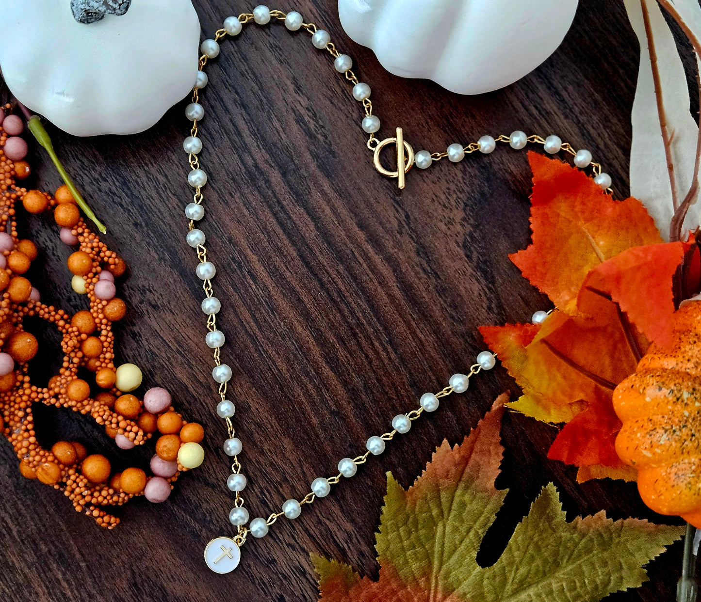 Gold & Pearlized Beaded Cross Charm Necklace