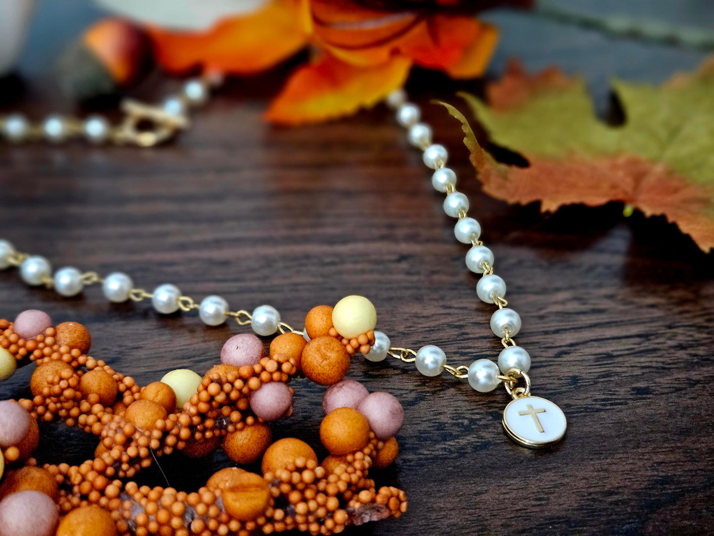 Gold & Pearlized Beaded Cross Charm Necklace