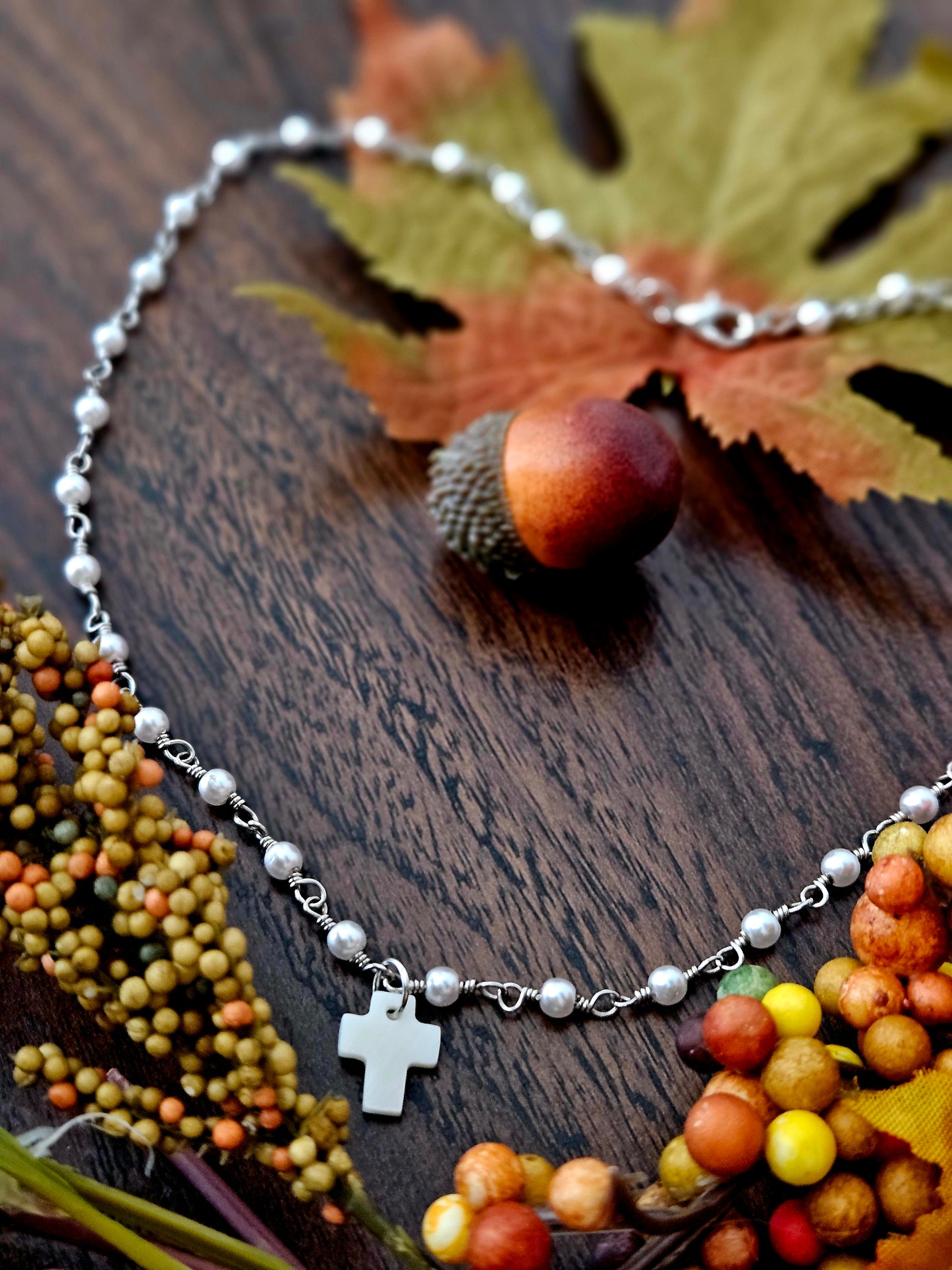 Silver & Pearlized Beaded Cross Necklace
