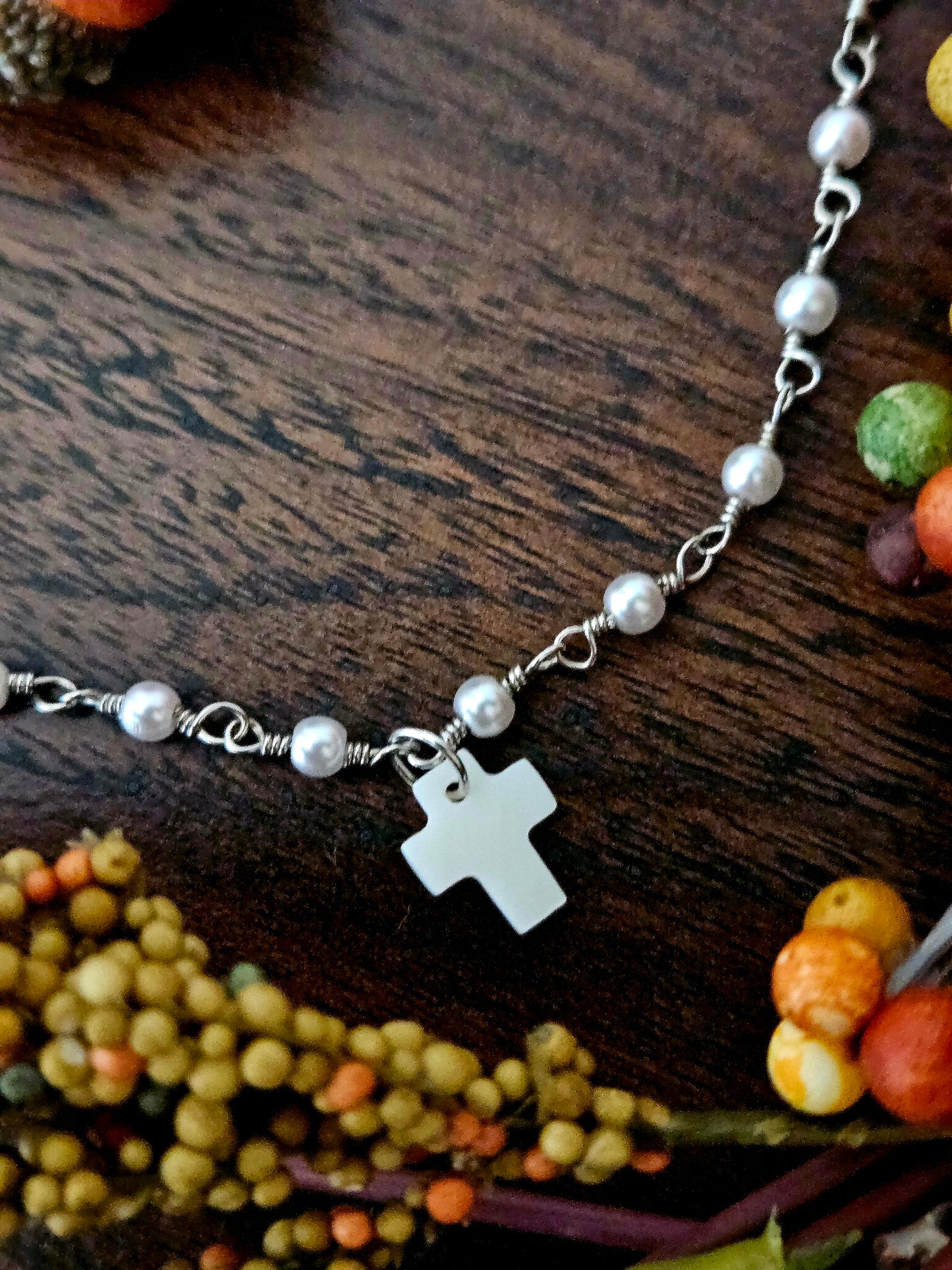 Silver & Pearlized Beaded Cross Necklace