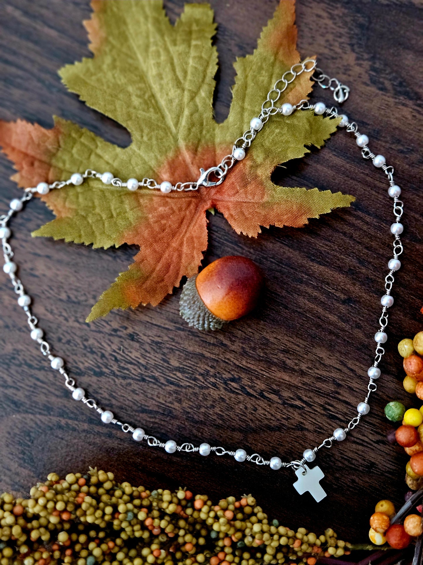 Silver & Pearlized Beaded Cross Necklace