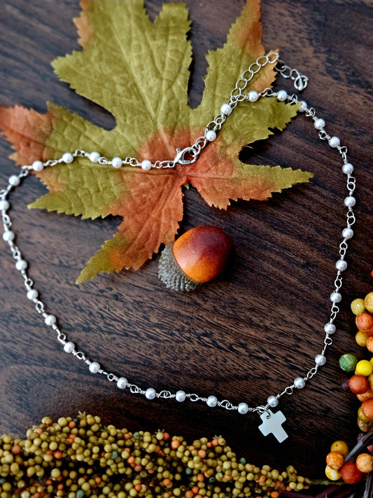 Silver & Pearlized Beaded Cross Necklace