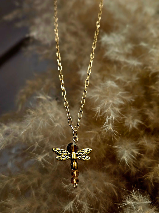 Gold Paperclip Chain Dragonfly Necklace
